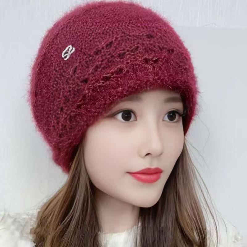 Winter New Double-layer Knitted Hollow Flower Squirrel Velvet Warm Small Crimping Stack Ear Protector Bag Head Women's Hat