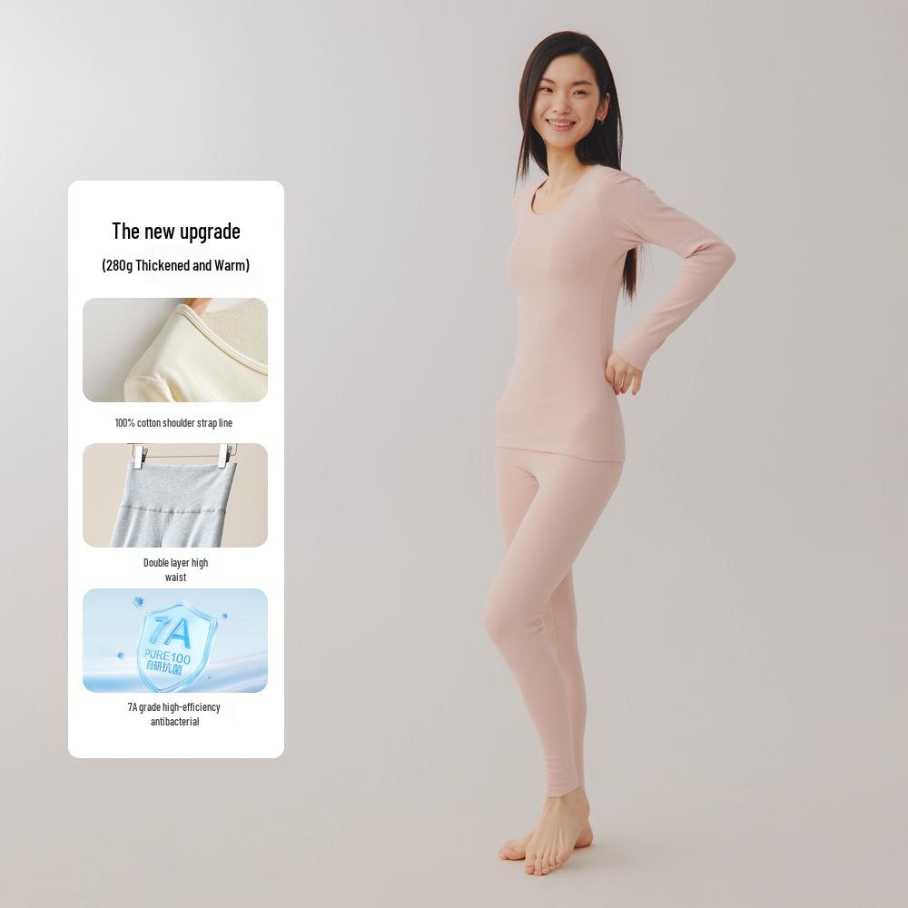 Женский комплект термобелья большого размера из двухсторонней фланели - Чистый хлопок, Толстый базовый слой с круглым вырезом для осени и зимы