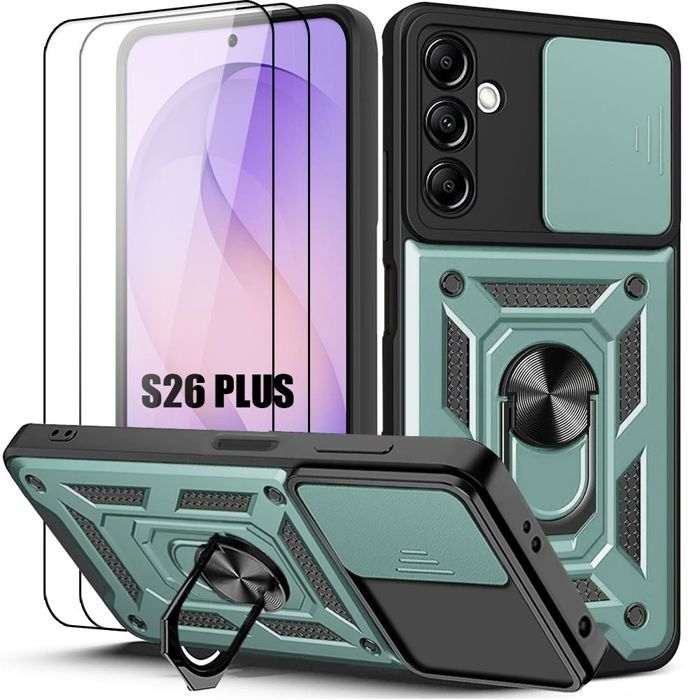 Coque pour Samsung Galaxy S26 Plus, avec Protection Caméra Anti-Rayures - Vert - 2 Verres Trempés