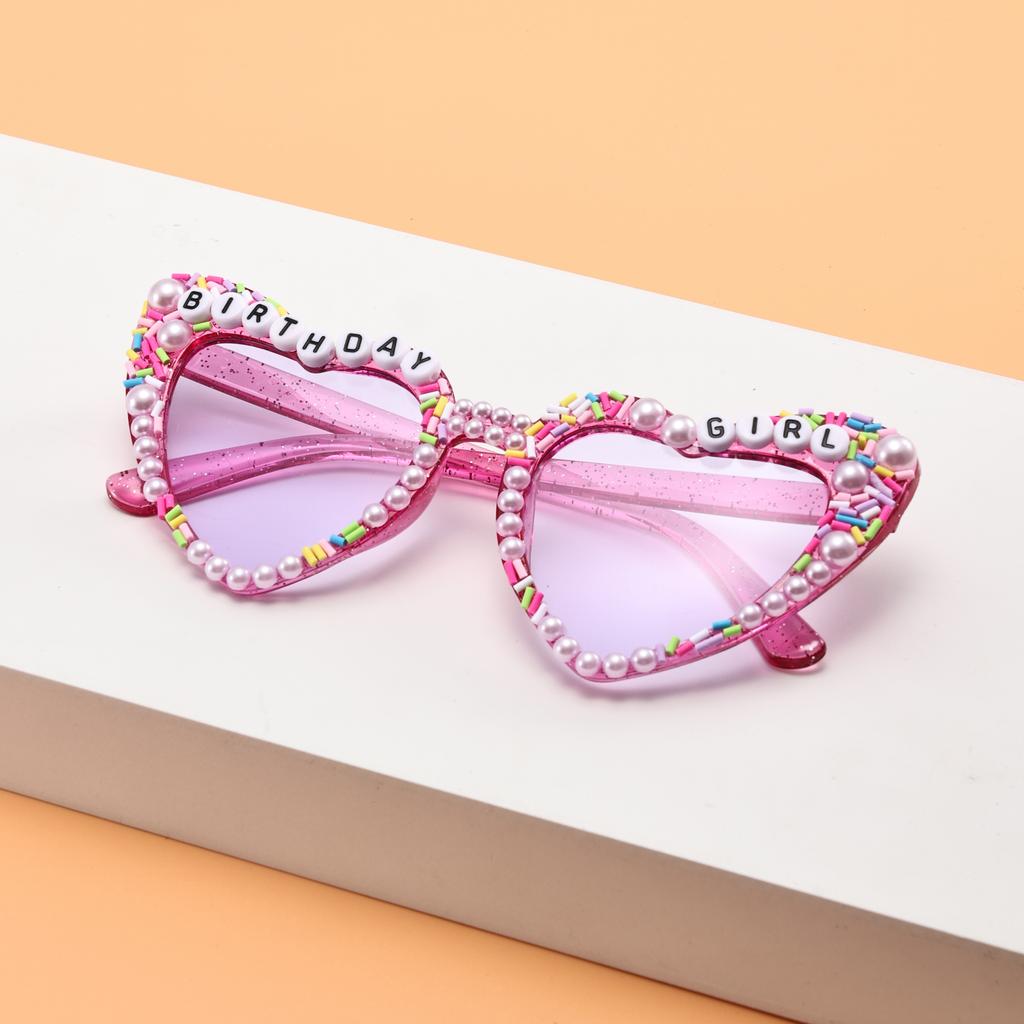 Cute Heart Sunglasses "BIRTHDAY GIRL" Bead Decor Colorful Sprinkle Frame Stylish Shades for Women & Party Photos KJ086