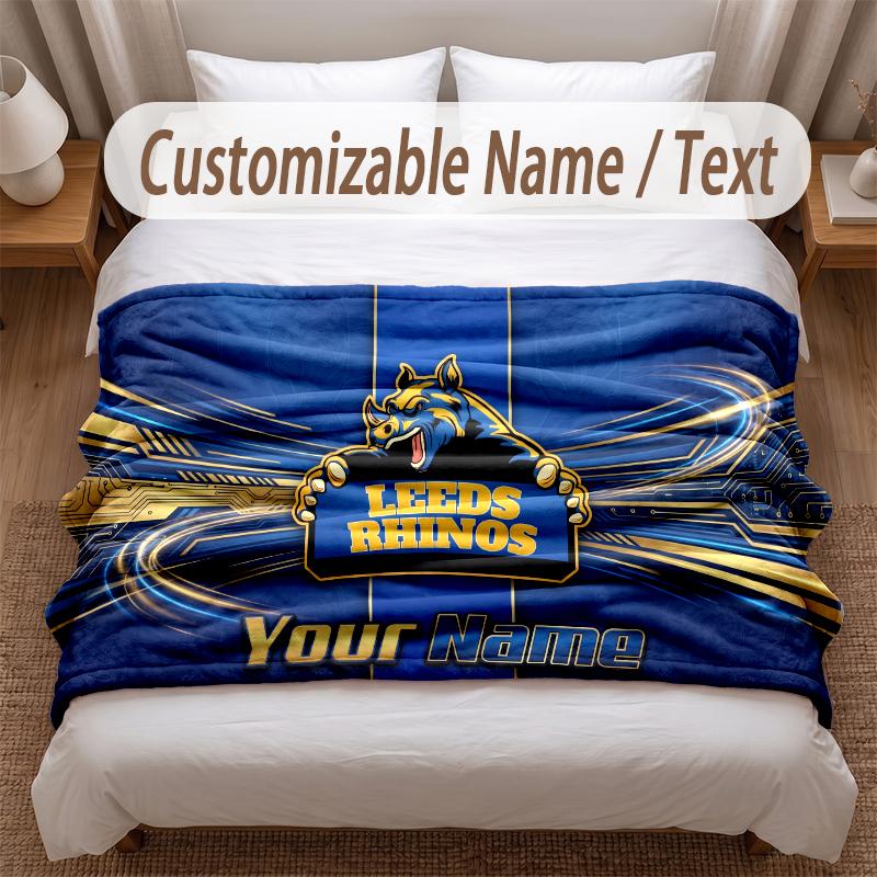 Leeds Rhinos Printed Flannel Blanket Custom Name Text Soft Warm Throw For Bedroom Holiday Gift