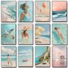 Dreamy Pastel Summer Beach Posters Woman Swimming Umbrella Sea Turtle Prints Canvas Painting Wall Picture Home Living Room Decor