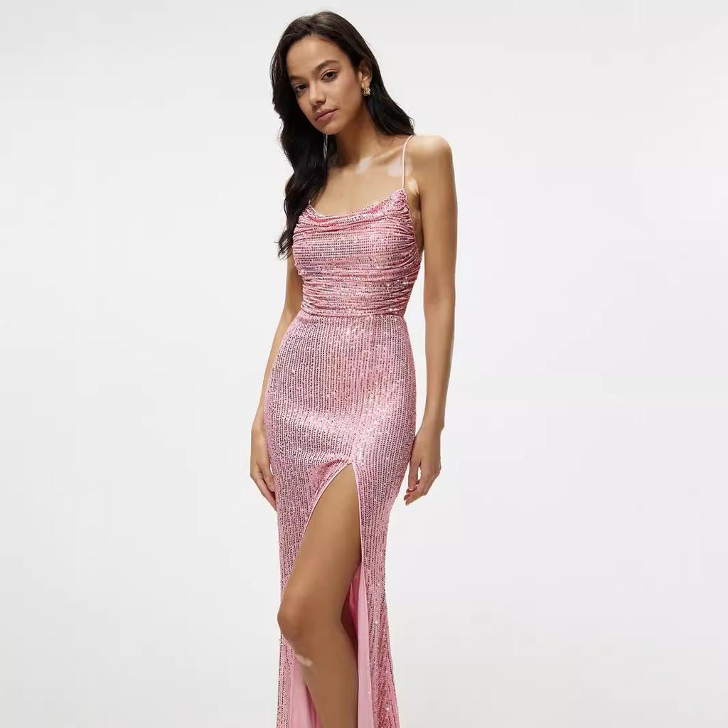 Новое весенне-летнее платье без рукавов с подтяжками, облегающее платье с запахом на бедрах, расшитое пайетками