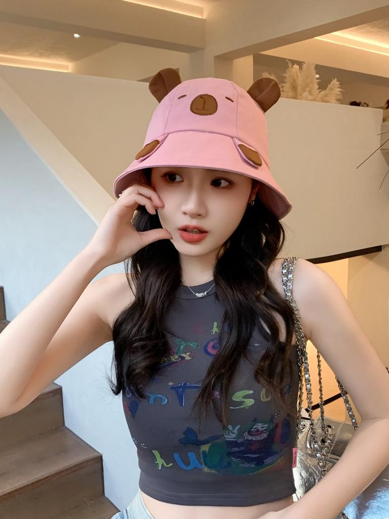 Spring Summer Bucket Hat For Women Men Cute Dog Ear Bear Nose Cartoon Fisherman Hat Outdoor Sun Hat Mountain Travel Beach Cap