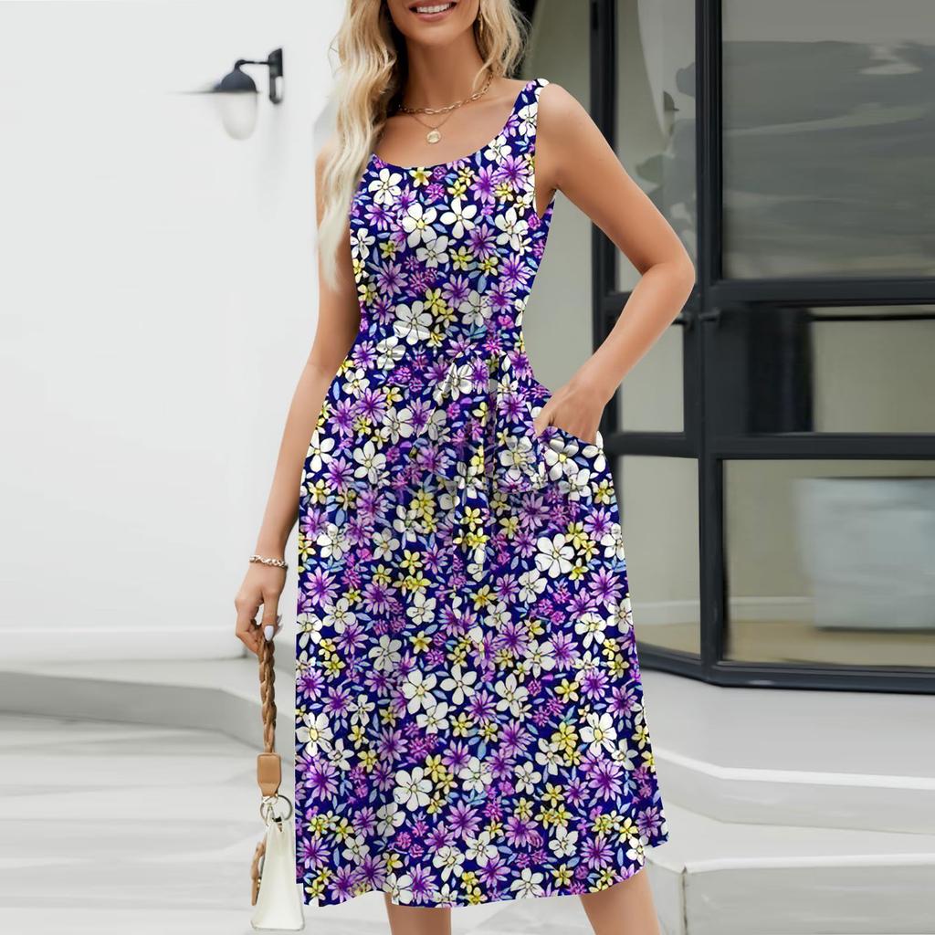 Women's Summer Beach Loose Round Neck Sleeveless Midi A-Line Dress Floral Print Lace-up Pocket Vest Dress