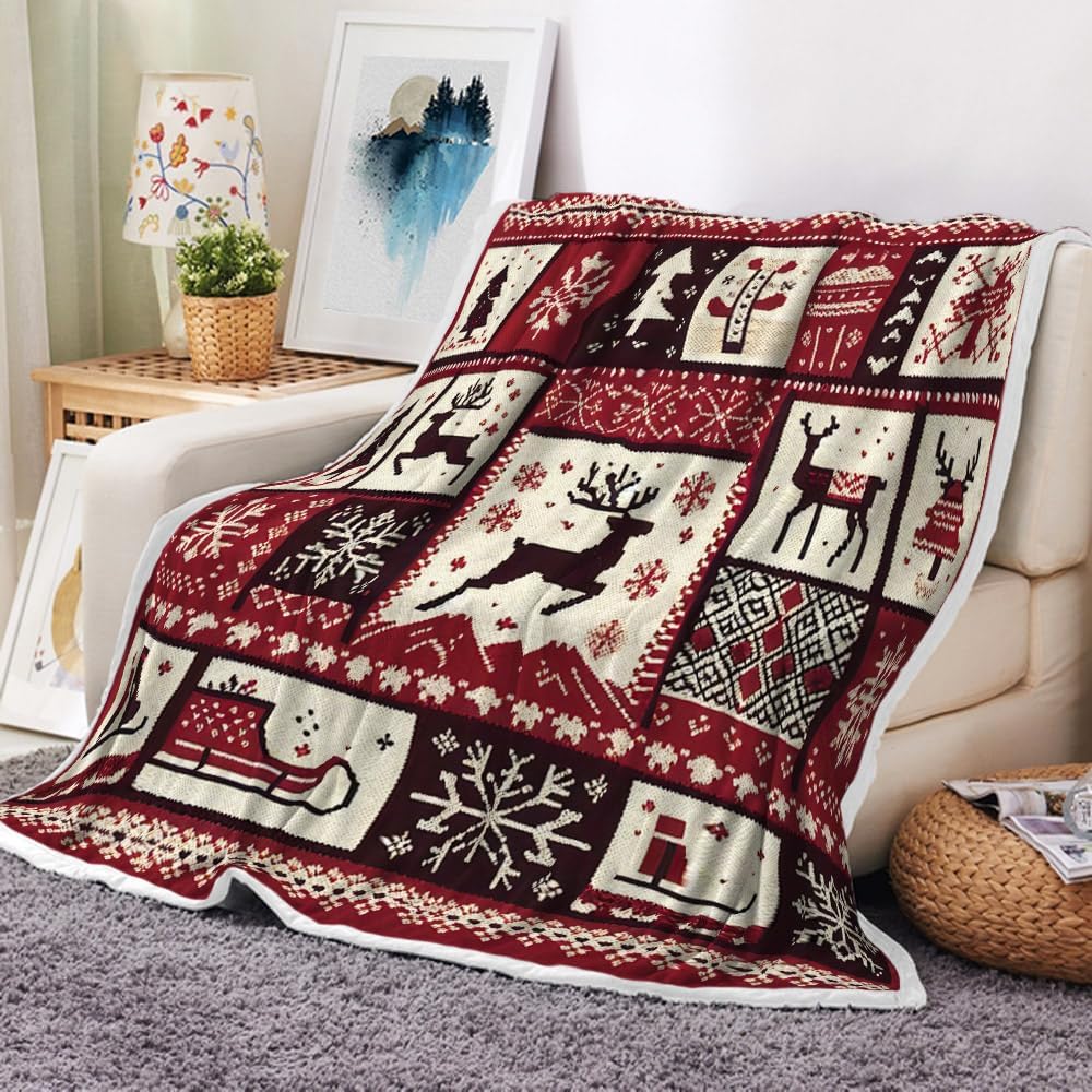 Christmas Red White Throw Blanket Soft Flannel with Snowflakes Stars Tree Decorative for Home Sofa New Year