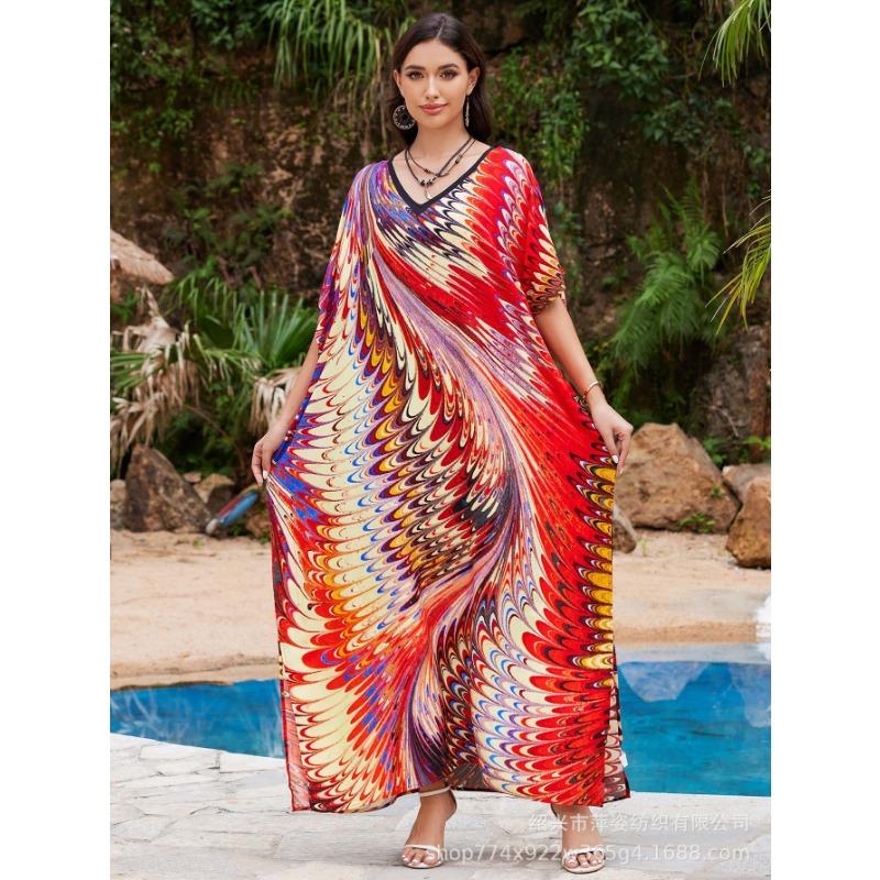 Плюс Размер Женщин Новый Принт Пляжный Свободный Праздничный Платье Бикини Накидка