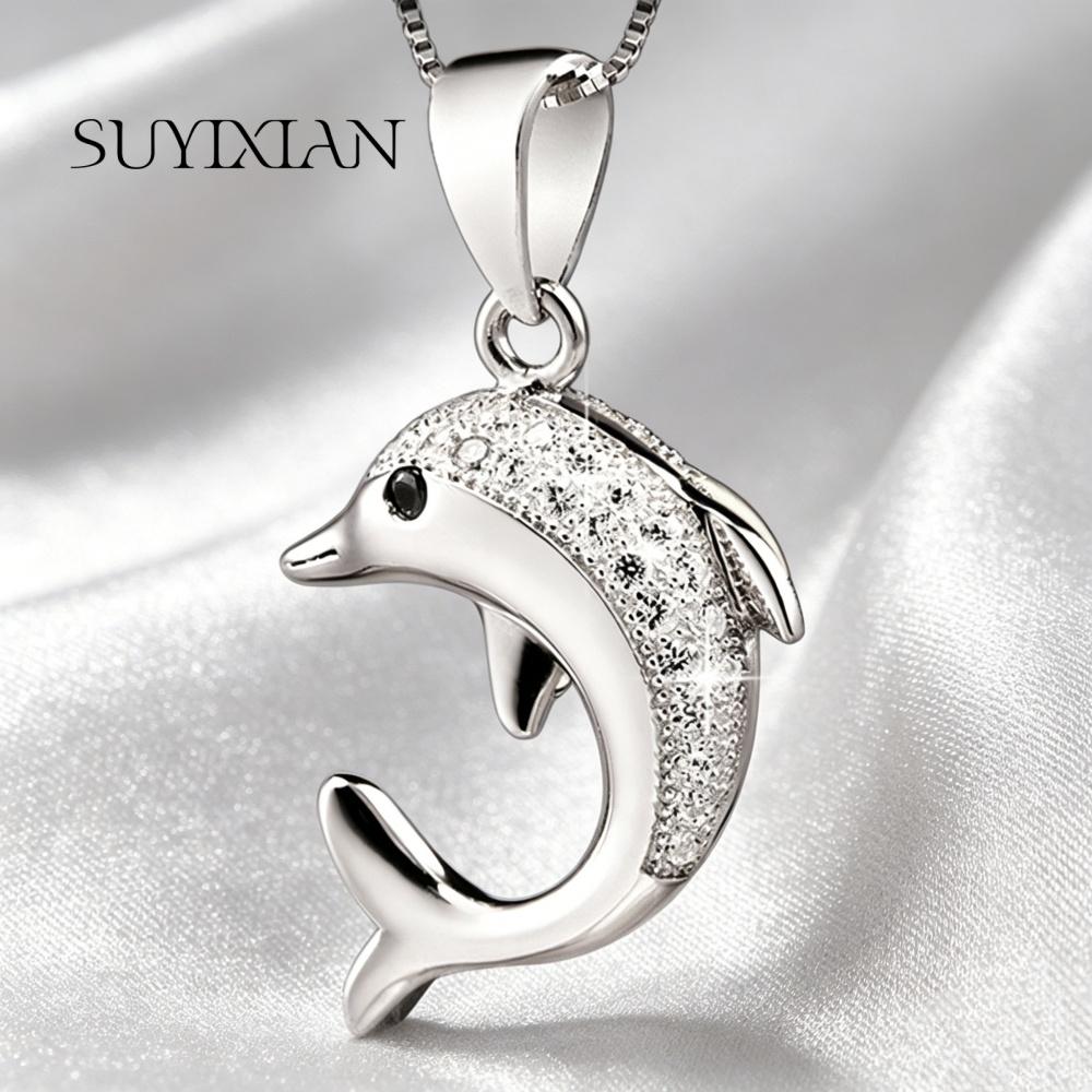 925 Sterling Silver Temperament Cute Dolphin Zircon Pendant Necklace, Birthday Party Anniversary Gift, Ladies Jewelry