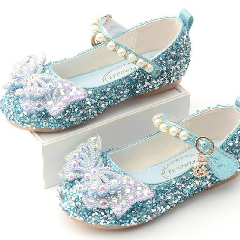 Korean Style Rhinestone Big Bow Girl Princess Shoes Beaded Crystal Children's Shoes Soft Sole Leather Shoes