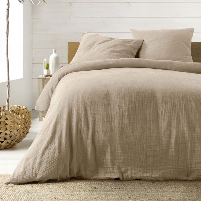 Housse de couette + 2 taies en gaze de coton 220 x 240 cm Tendance sable