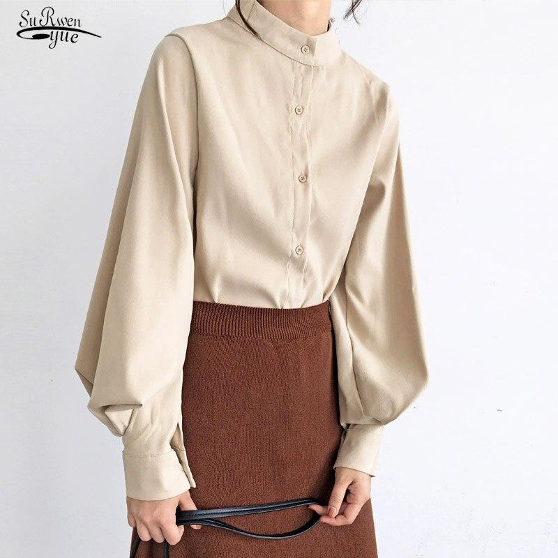 2023 модная женская блузка, рубашка-фонарь, женские рубашки с длинным рукавом, однотонные офисные женские топы с воротником-стойкой, одежда Blusas 6462