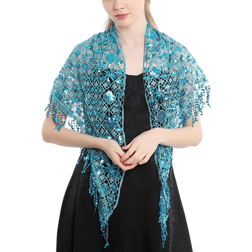 Полая треугольная кружевная шаль с блестками, свадебная женская роскошная вечерняя накидка, женский блестящий блестящий палантин, клубный шарф с кисточкой