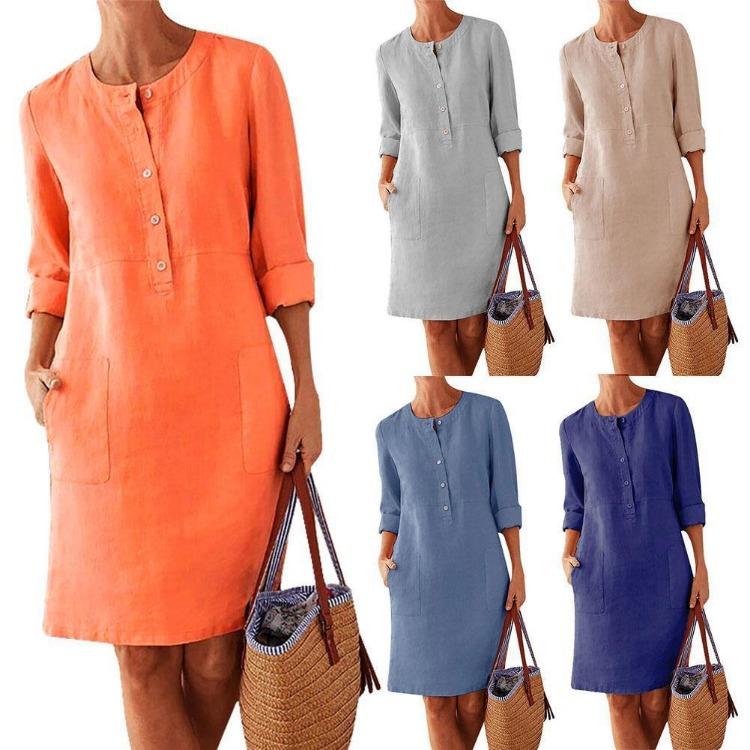 Plus Size Women Long Sleeve Ruched Dress with Pockets Cotton Linen Blend Casual Party Knee Length O Neck Solid Color Dress