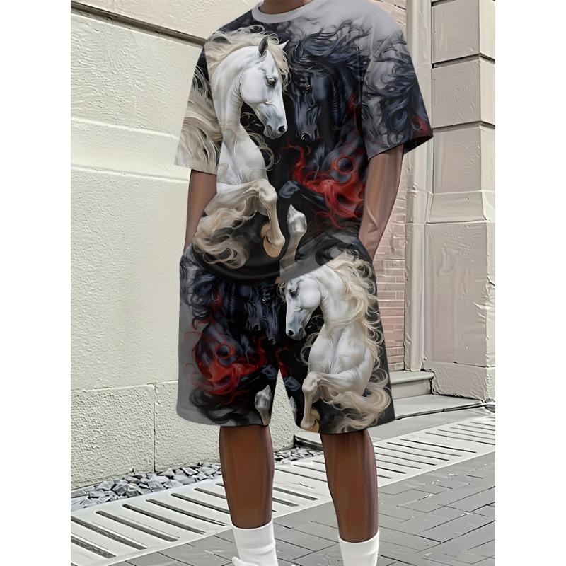 Men's Eye-Catching Summer Set: Printed Tee with Horse Motif & Matching Shorts. Trendy Loose Fit for Plus Size Men - Holiday Wear