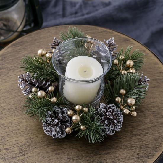 Christmas Candle Ring Artificial Pine Needle Pinecone Berries Garland Rustic Festive Candle Wreath for Home Table Centerpiece Decor