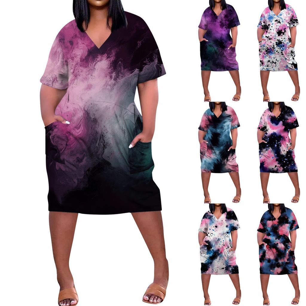 Summer Plus Size V Neck Short Sleeve Knee Pocket Print Casual Dress For Women