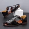 Fashion New Men's Solid-Color Leather Breathable Casual Sandals Retro Clasp Cutout Beach Shoe Comfortable Round-Toe Anti-Slip Flat Shoes