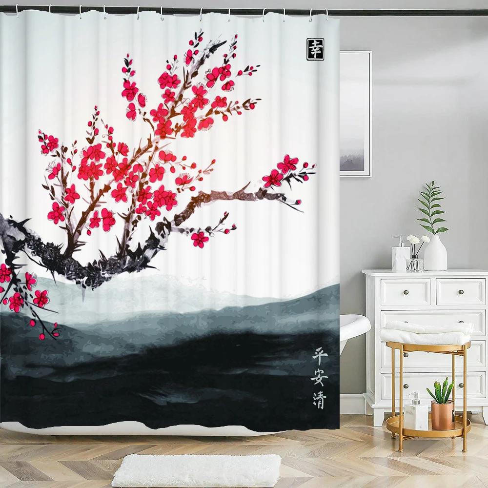 3d Printing Chinese Flower Bird Ink Landscape Shower Curtain Bathroom Waterproof Bath Curtain With Hooks Washable Cloth Decor
