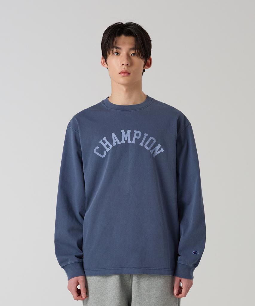 CHAMPION Arch Logo Loose Fit Garment-Dyed Long Sleeve T-Shirt Blue