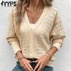 Women's Fashion Casual Fall Winter Solid Color Print Long Sleeve V Neck Sweaters
