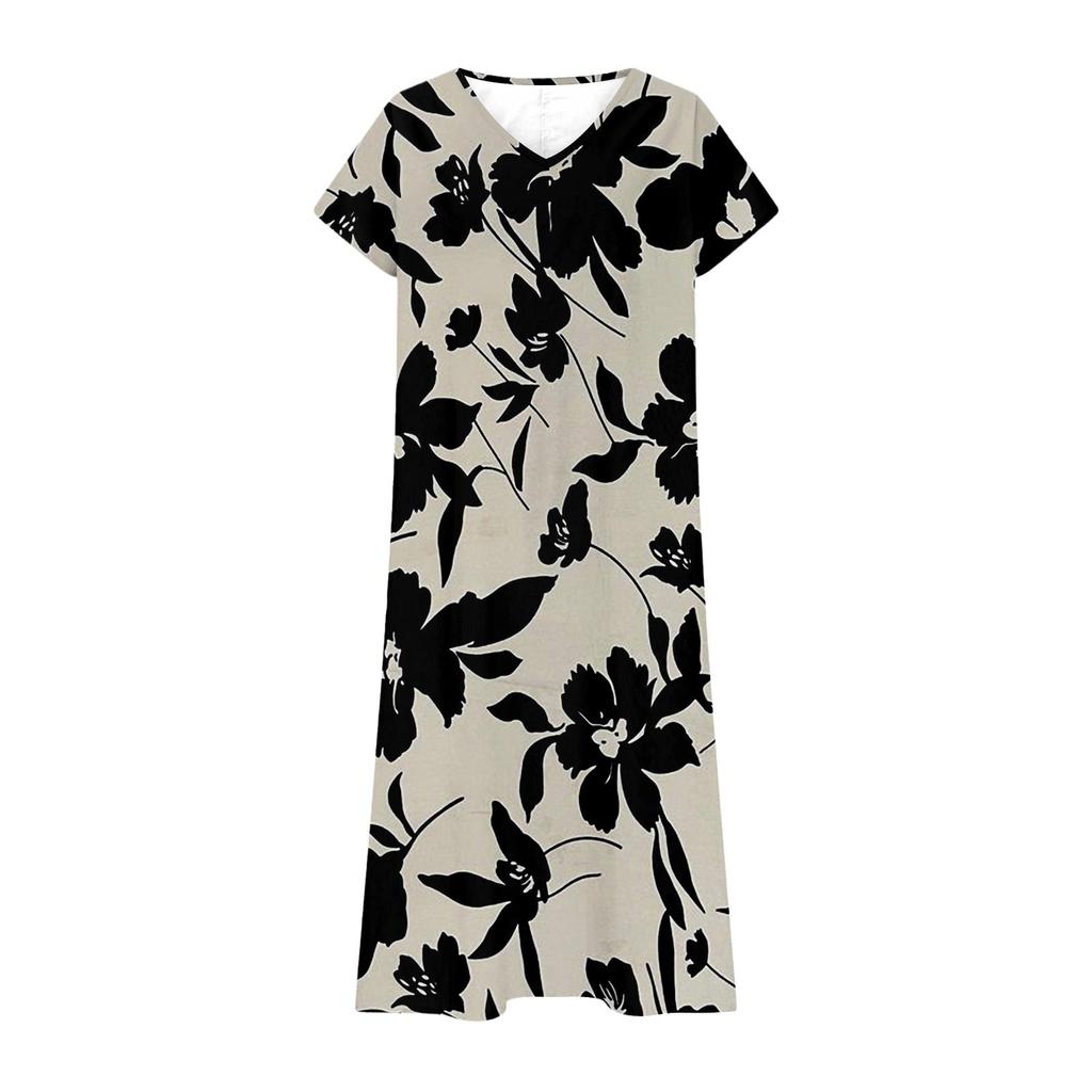 Летнее платье Женское длинное платье бохо для пляжа Элегантное платье макси V-образный вырез Короткий рукав Летнее платье-туника Легкое воздушное