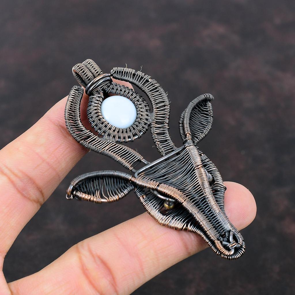 Кулон с опалом Оуайхи Блю, кулон, обмотанный медной проволокой, кулон ручной работы с коровьей мордой, кулон с драгоценным камнем для подарка, антикварный кулон, украшения из медной проволоки