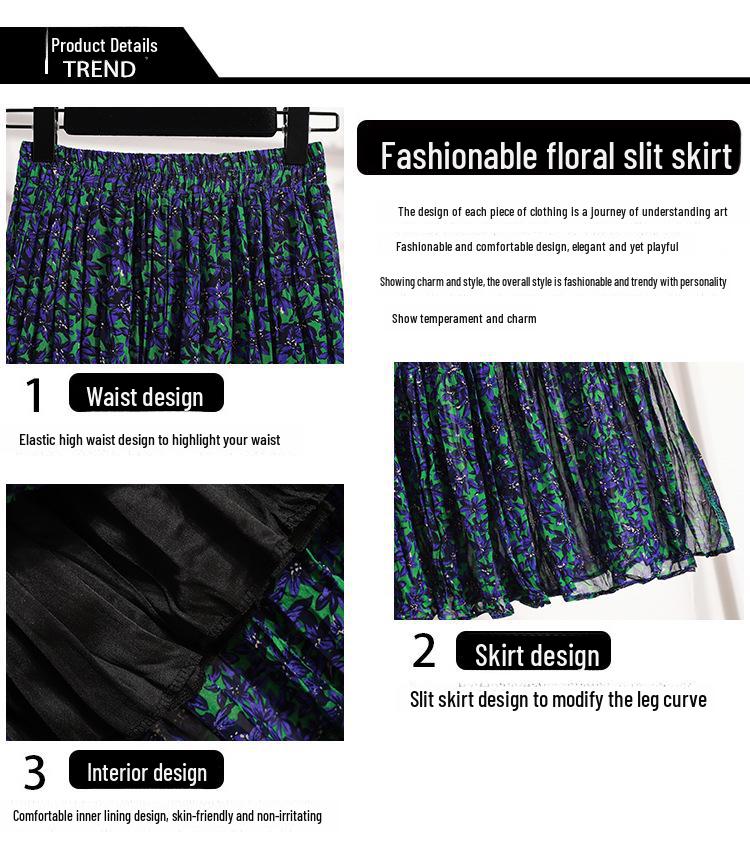 Plus-Size Pleated Chiffon Floral Skirt: 2024 Summer Retro Fashion