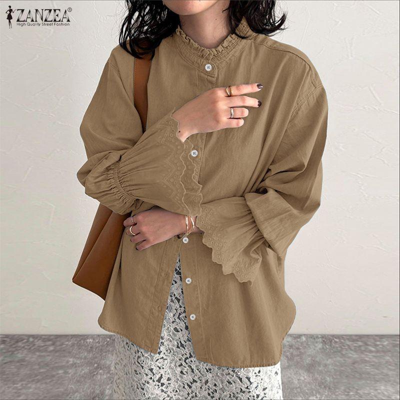 ZANZEA Женская повседневная блузка с круглым вырезом, свободного кроя, с ажурной вставкой, с длинным рукавом