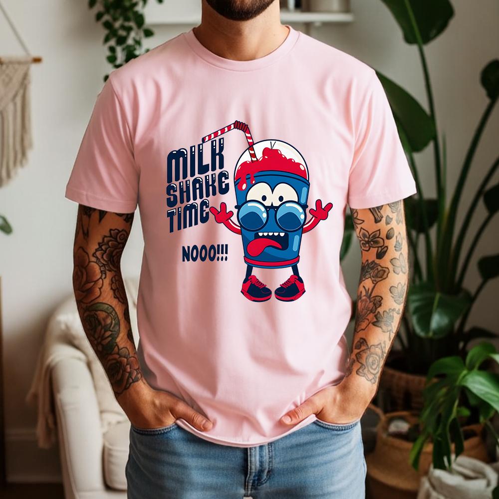 New Summer Unisexs 100 Cotton TShirt Retro Cartoon Milkshake Casual Breathable Short Sleeve Daily Wear