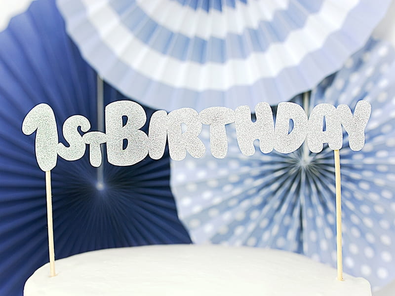 Topper Na Tort " 1St Birthday " Srebrny Brokatowy