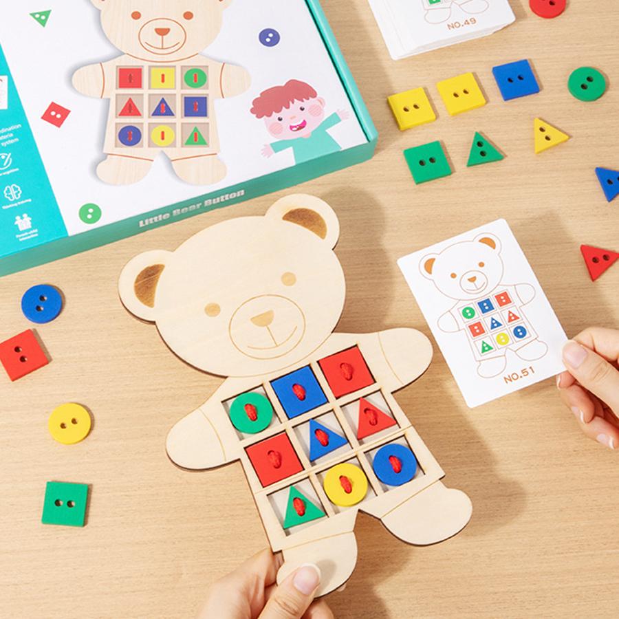 Деревянная игрушка-шнуровка «Медведь» с карточками с узорами Обучающая игрушка для шитья Сортировка по форме и цвету Математическая игрушка Монтессо Игра для малышей на сопоставление Подарки