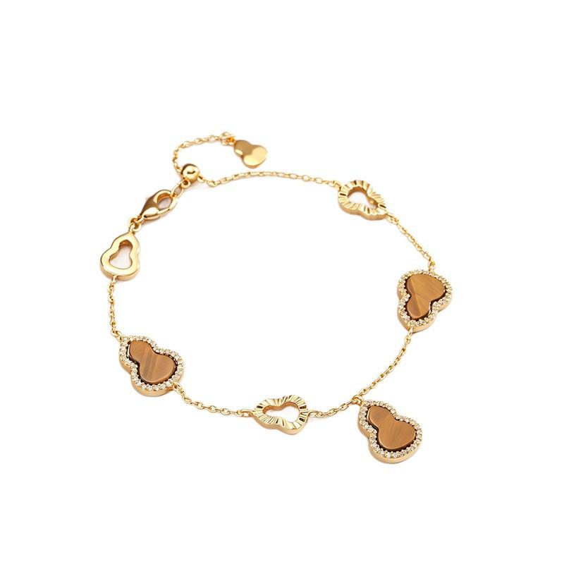 Elegant Gold-Plated Pendant Bracelet Women Modern Chinese-Inspired Geometric Design Tigers Eye Zircon Accents Lightweight
