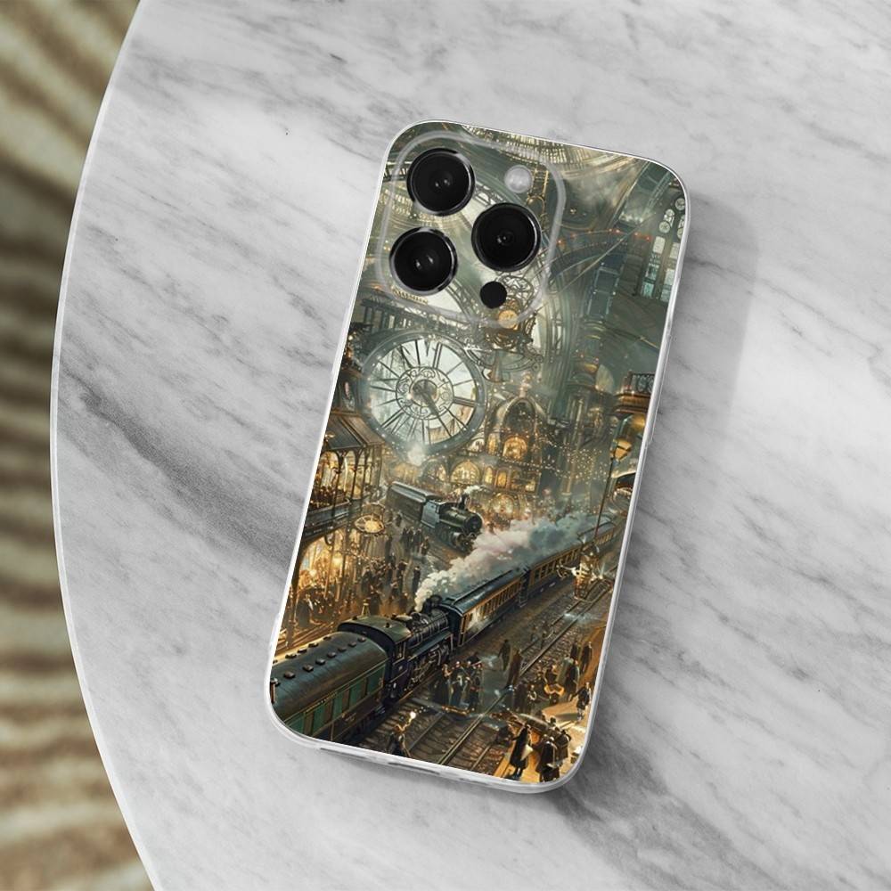 Cool Art Steam Train Phone Case For iPhone,14,13,XR,SE,12,15,Pro,Max,Plus,11,17,16,X,XS,Mini Transparent Soft Cover