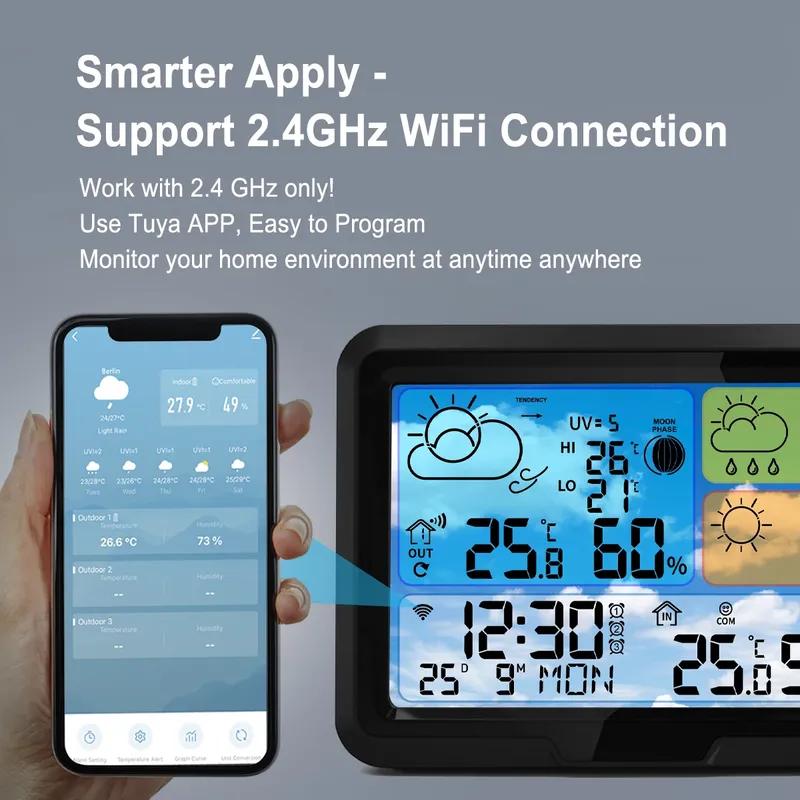 Умная метеостанция TUYA WiFi 5,3-дюймовый ЖК-дисплей Беспроводной термометр Гигрометр Часы Будильник Поддержка 3-дневного УФ-прогноза погоды Тренд