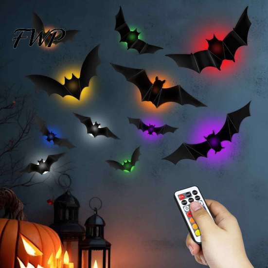 Halloween Party Wall Decorations 48Pcs Bats Decor, LED Light Up Bats, 12 Lights with Remote, Adhesive 3D Bat Stickers 6 Sizes for Indoor Window