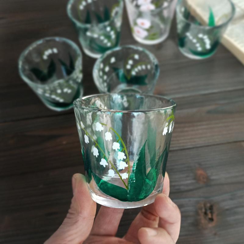 Japanese Style Hammered Hand Painted Lily of The Valley Crystal Glass Cup for Whiskey Tea Water