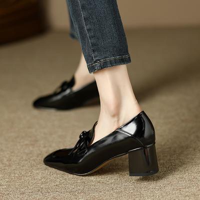 Ретро маленькие кожаные туфли новые квадратный носок одинарные туфли бант толстый высокий каблук