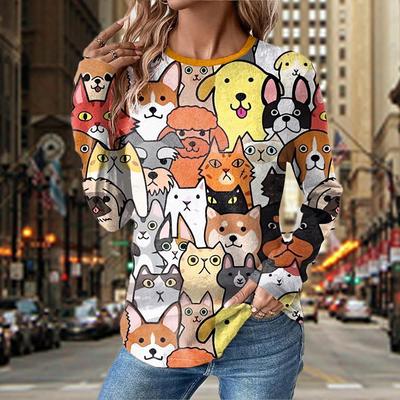 Женские осенние топы с милым принтом кота, повседневная футболка с длинным рукавом, топ, блузка