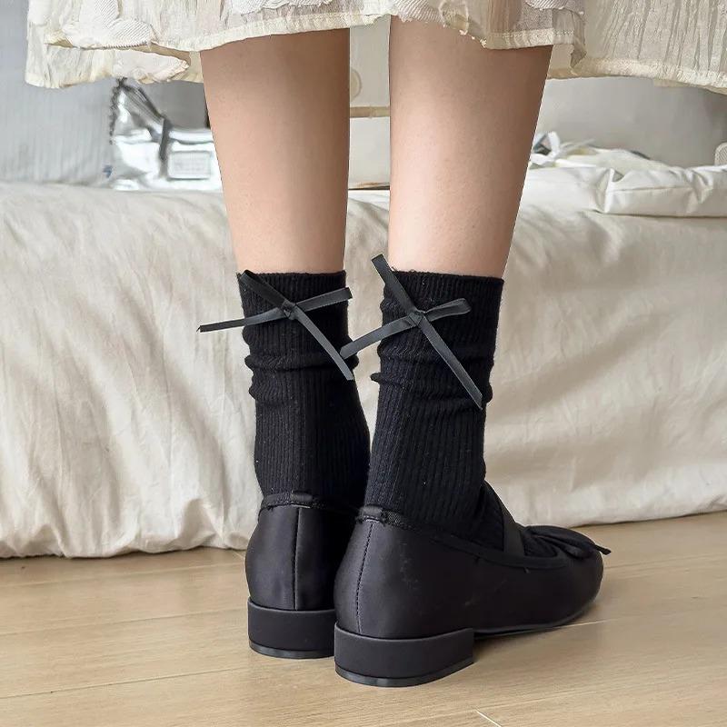 Японские носки JK Sweet Bowknot Tied Medium Tube Socks для женщин, носки с бантом на пятке, повседневные, черно-белые, ворсовые, спортивные, хлопковые носки для девочек