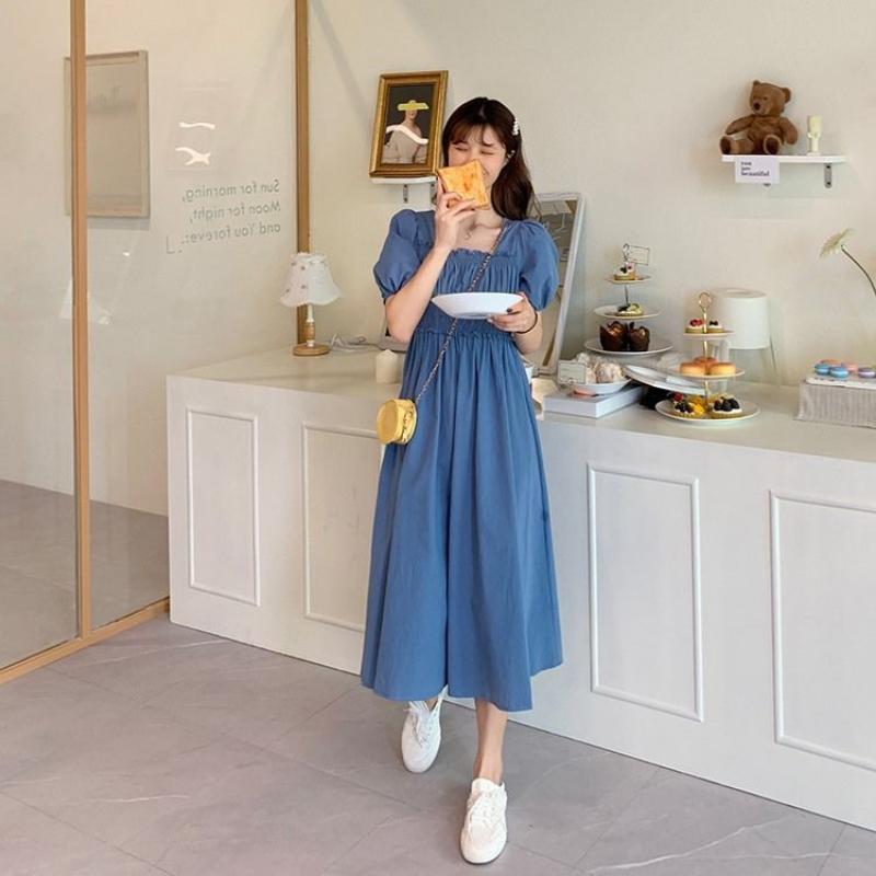 Летние платья Ретро французские платья длиной до колена, с квадратным вырезом и рукавами-пузырьками, с квадратным вырезом и талией