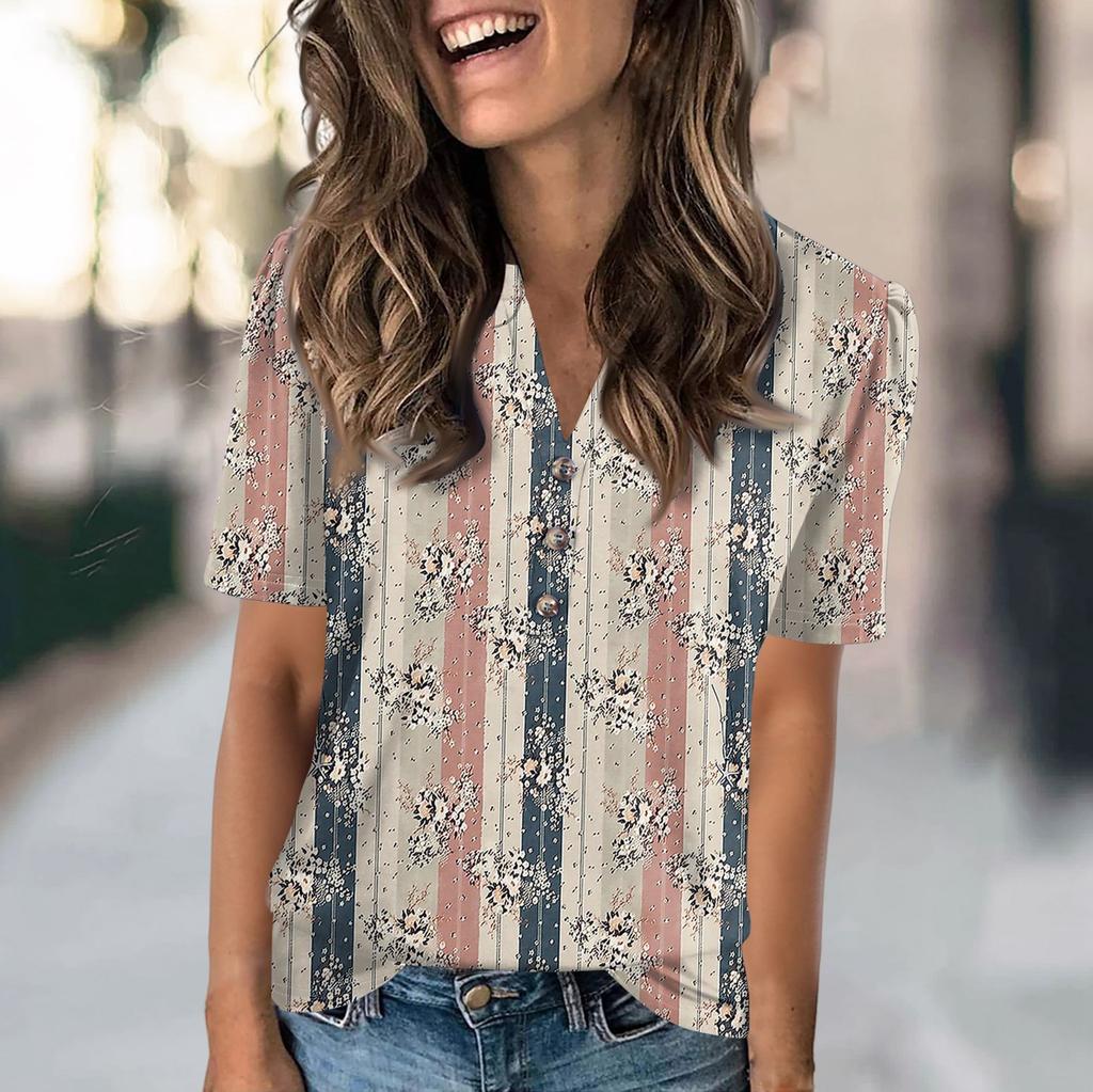 Женская модная повседневная футболка с цветными блоками и принтом в виде V-образного выреза с коротким рукавом и пуговицами