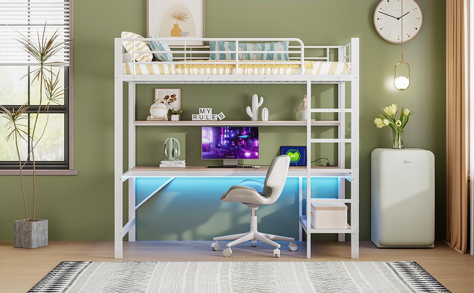 Loft Bed, 90*200 cm, Guardrail, Step Ladder, with USB and Socket, With LED Lights, Desk, Multi-Tier Shelf, without Mattress, Metal, White