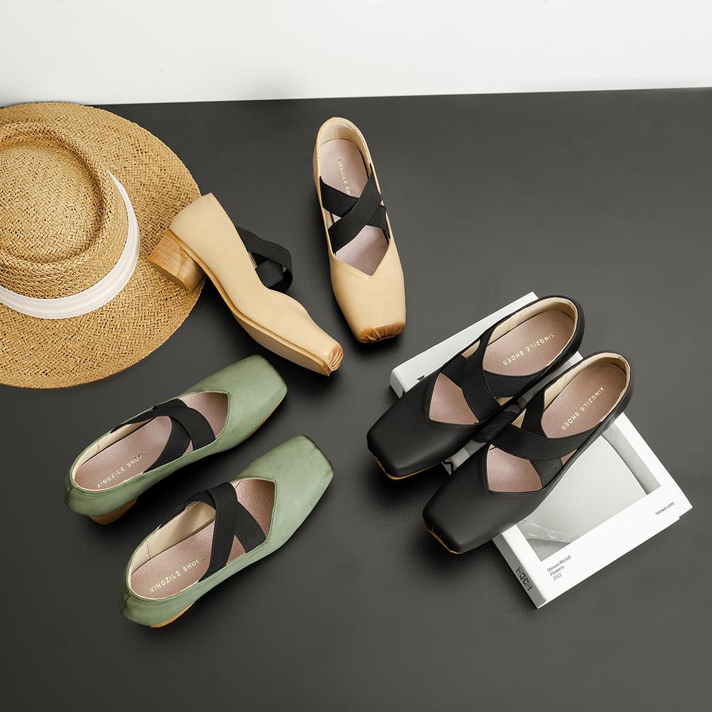 Medium Heel Ballet Shoes Leather Retro Pork Head Shoes Women's Thick Heel Shallow Mouth Single Shoes Cross Strap Mary Jane Shoes