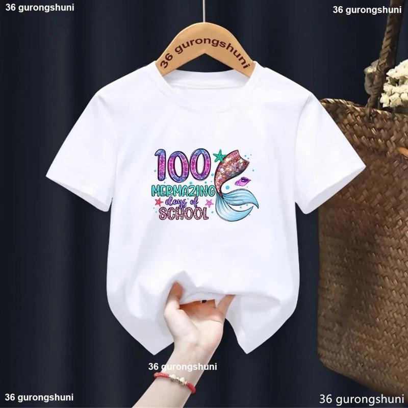 Счастливые 100 Дней Школы Принт Девочки Футболка Мода Харадзюку Каваи Детская Одежда 2025 Лето Повседневная Футболка Белый Топы