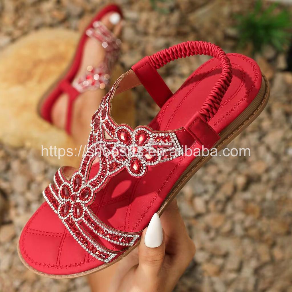 Foreign Trade Flat Women's Shoes Bohemian Style Beach Slippers Large Size with Hollowed Out Rhinestone Sandals for Women