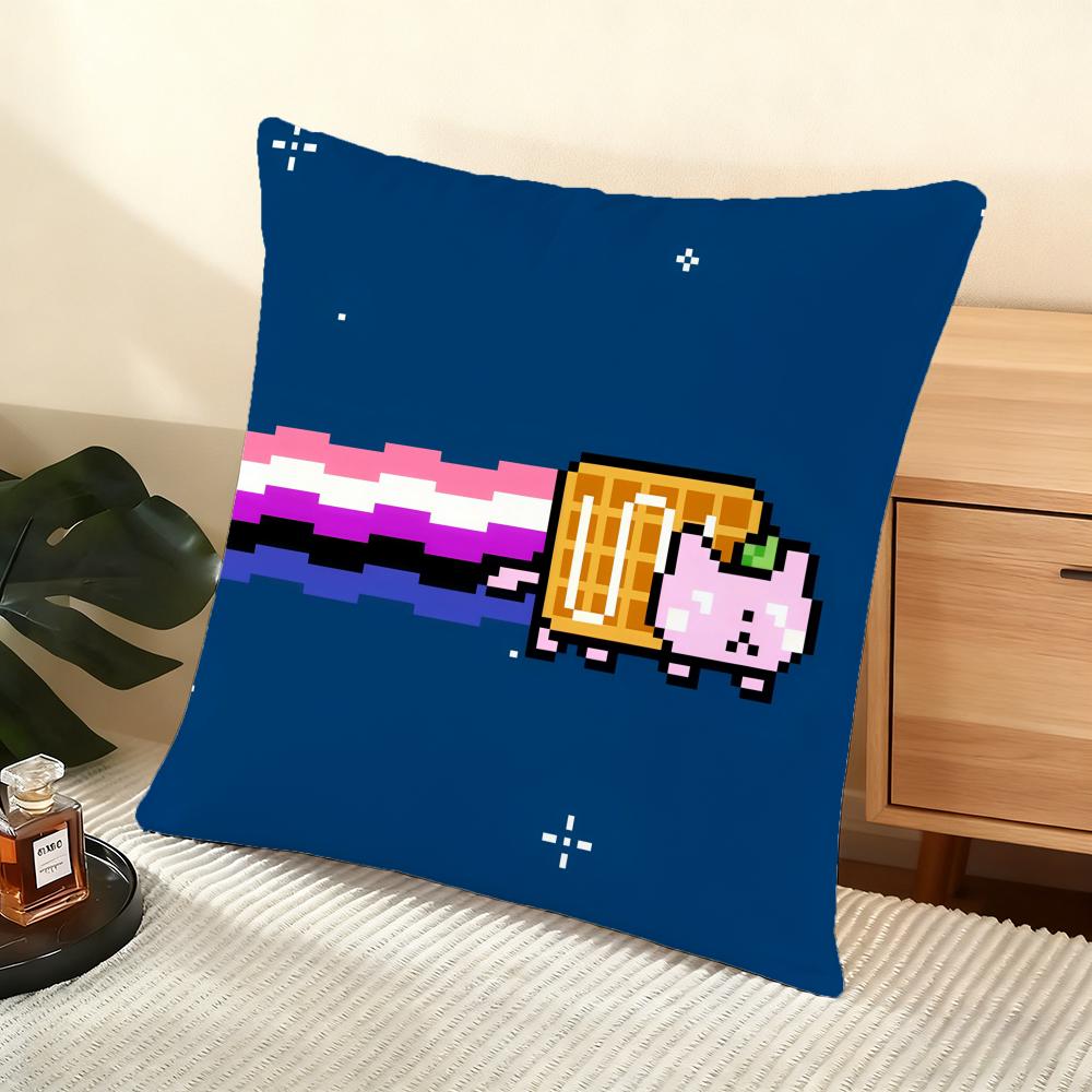 Cartoon Game N-Nyan-C-Cat Cushion Cover Soft Short Plush Pillow Cover Smooth Cozy Texture Aesthetic Cushion Case Home Decor