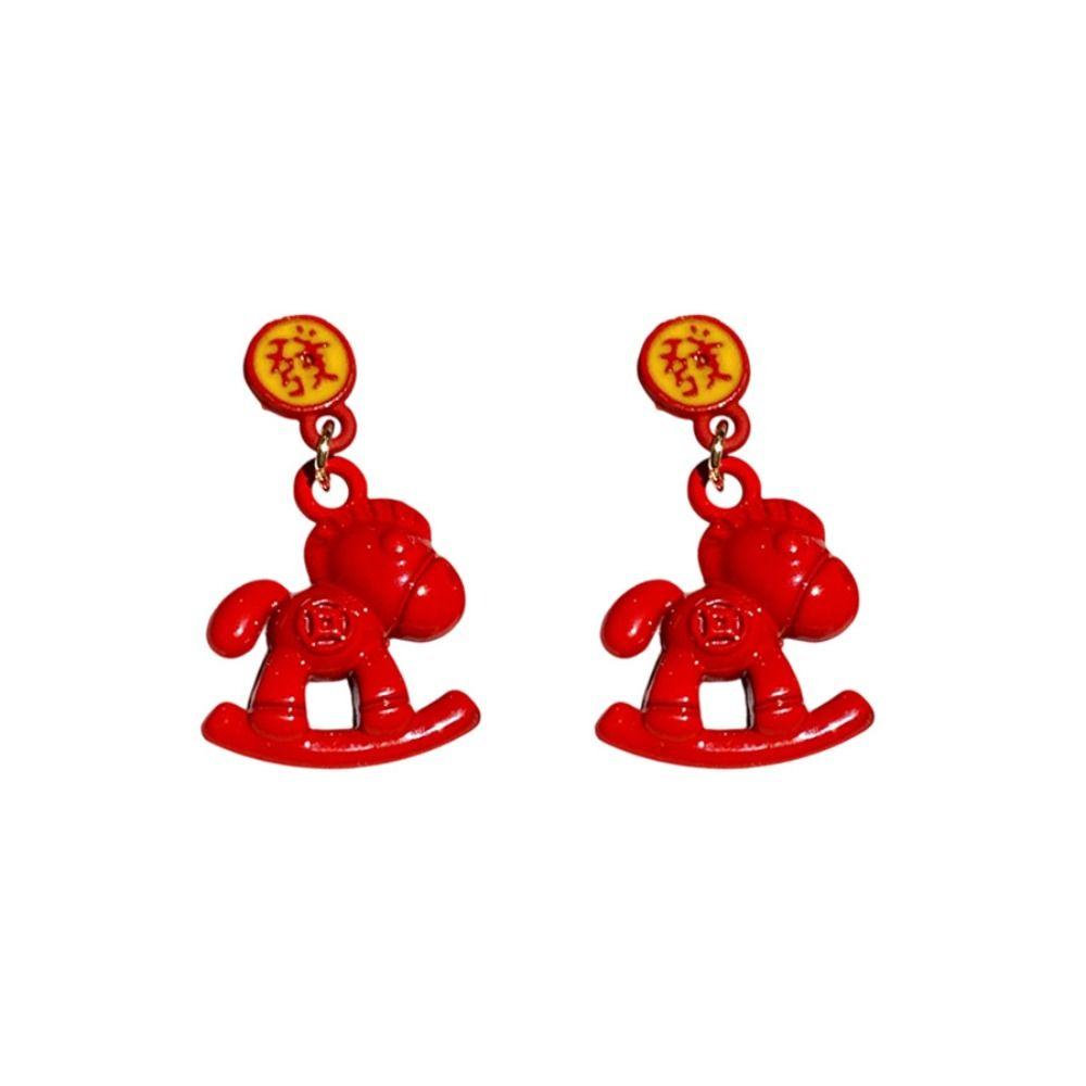 Fu Character Chinese Style Pony Earrings Zinc Zinc Alloy Red Drop Earrings Chinese Horse Stud Earrings Woman