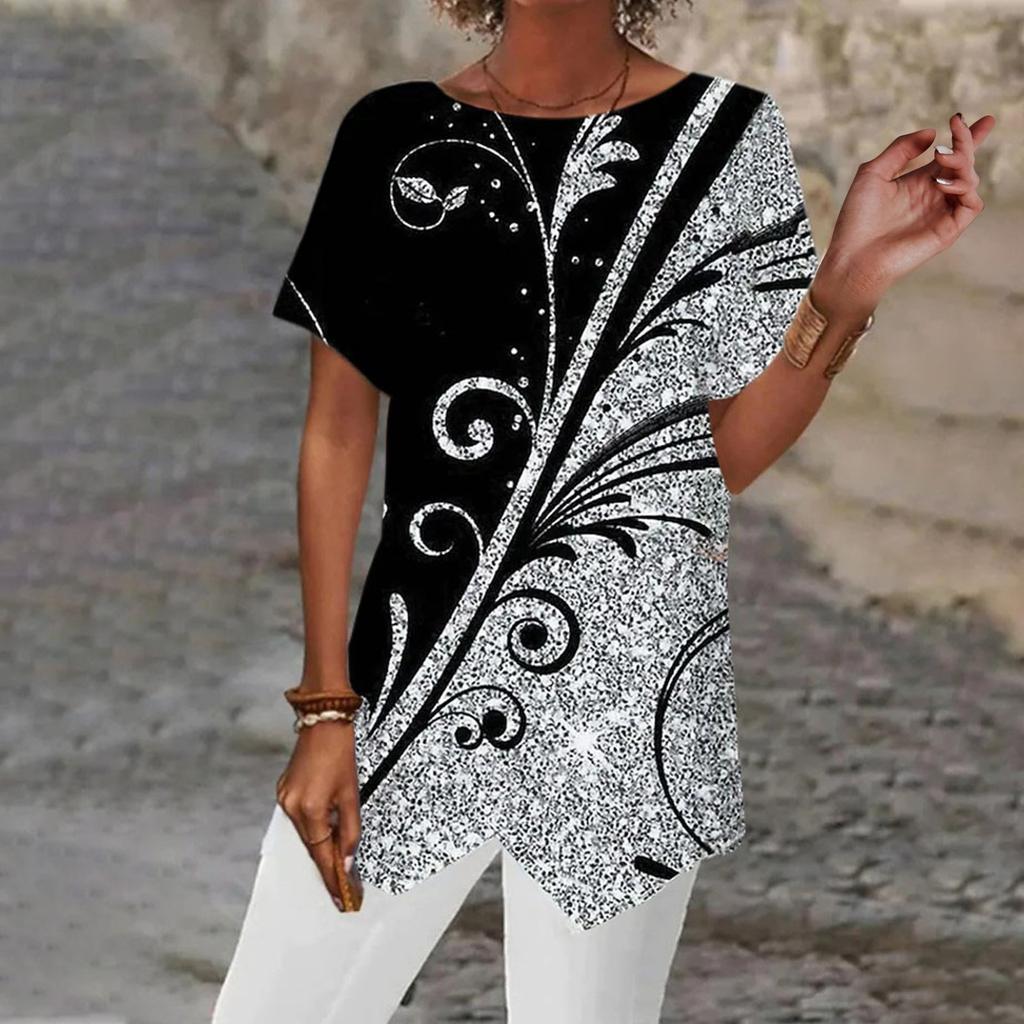 Fashion Womens Summer Geometric Print Loose Short Sleeve Irregular Hem T-Shirt