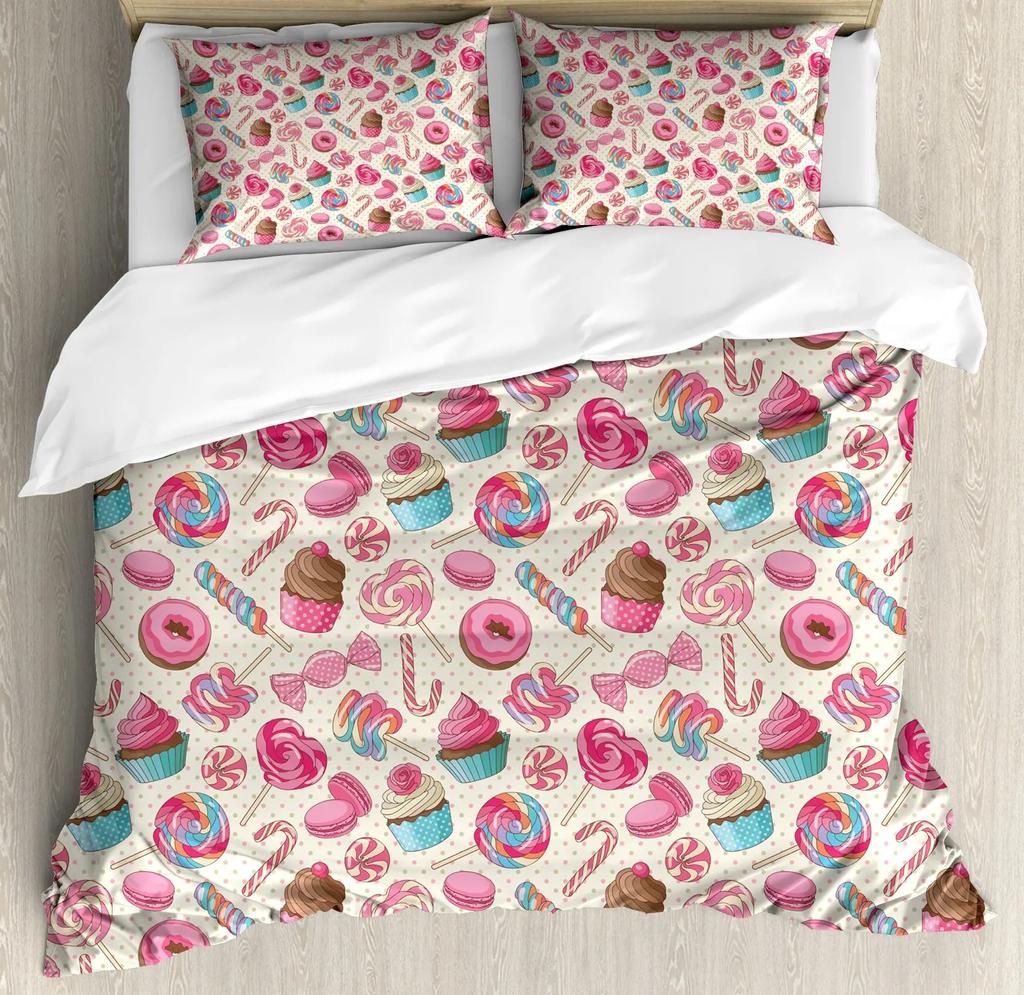 Kawaii Donut Duvet Cover Set Colorful Sweet Doughnut Bedding Set Delicious Dessert Pink Purple Comforter Cover Girls Room Decor