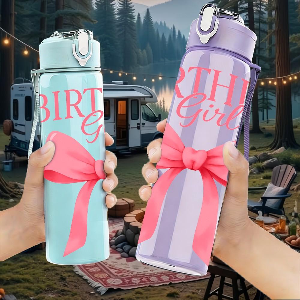1PC Birthday Girl Pink Bow Ribbon Print 750ml Color Plastic Sports Water Bottle Leakproof Flip Straw Lid Suitable for Sports Office Home Use